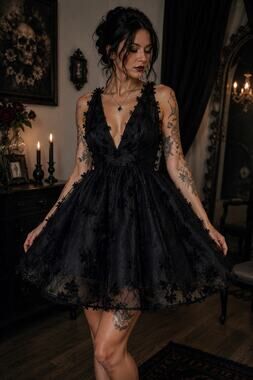 New Mable Mini Dress Medium Black Floral Applique Tulle Deep V Open Back Gothic